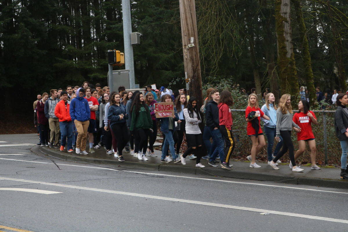 More than 200 student activists from Juanita High School marched in a 17-minute protest. Photo by Kailan Manandic