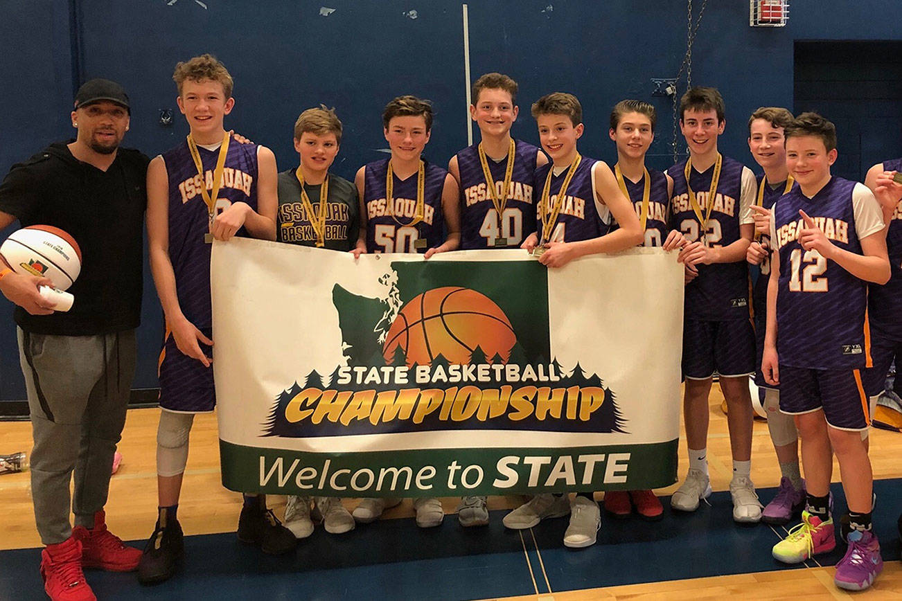 Photo courtesy of Tina Smith                                The Issaquah Select seventh grade Gold boys basketball team captured first place at the 2018 Washington Middle School Basketball Championship in Spokane on March 18. The tournament, which featured a plethora of teams competing in their respective divisions between fourth and eighth grade, took place from March 14-18. The Issaquah Gold defeated the Skyline Silver, 54-51, in the championship matchup. Issaquah Gold guard Mark Longo nailed a 3-pointer, lifting his team to a victory. The championship squad was coached by Brian Johnson. Members of the Issaquah Gold roster consisted of Toby Keeler, Will Stroh, Wyatt Dow, Bennett Olujic, Tate Smith, Kolby Benson, Mark Longo, Chase Dietiker, William Kodosky, Brett Sanders and Spencer Blumenthal.