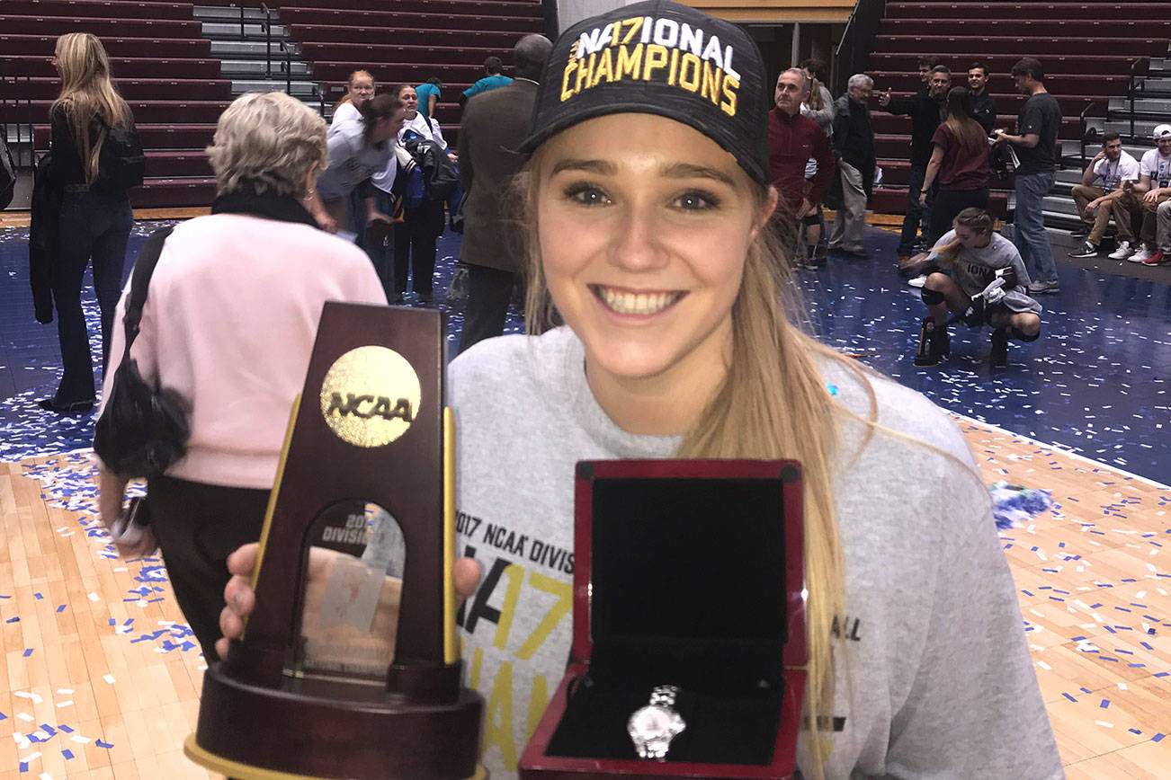 Photo courtesy of Kelly Anderson                                Skyline 2014 graduate Crystal Anderson celebrates after her team (Claremont-Mudd-Scripps) won the NCAA Division-III volleyball national championship on Nov. 18, 2017 in Grant Rapids, Michigan.