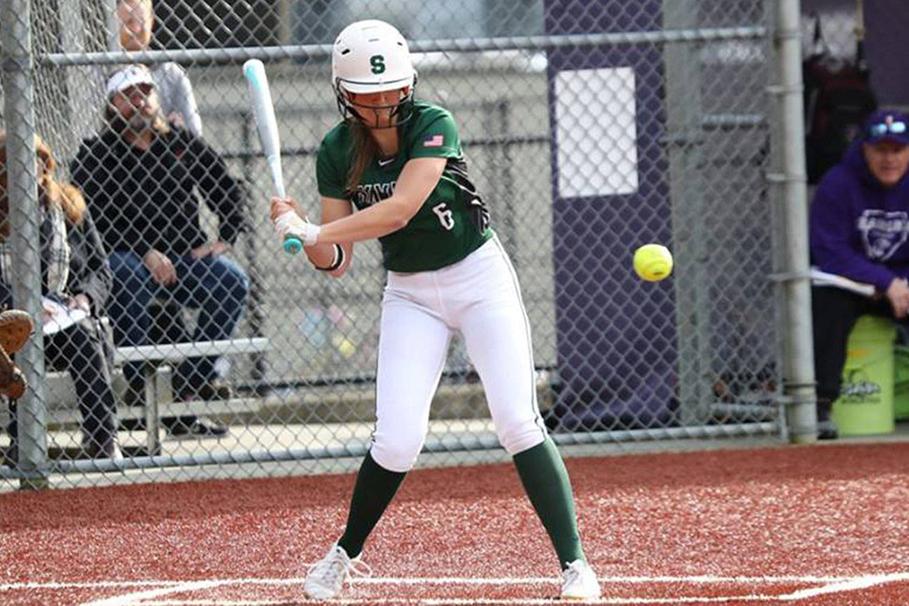Photo courtesy of Don Borin/Stop Action Photography                                Skyline Spartans softball player Taylor Juenke is at the plate against the Issaquah Eagles in a KingCo 4A contest earlier this season. Juenke will play collegiate softball at Stony Brook University in New York in 2019.