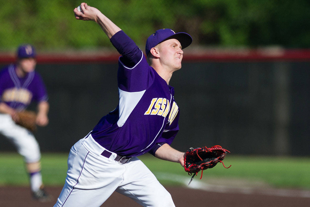 Photo courtesy of Patrick Krohn/Patrick Krohn Photography                                Issaquah Eagles starting pitcher Justin Buckner (pictured) allowed just one earned run in 6 2/3 innings of work against the Mount Si Wildcats in a KingCo 4A loser-out playoff game on May 4 at Bannerwood Park in Bellevue. Issaquah defeated Mount Si 8-4.