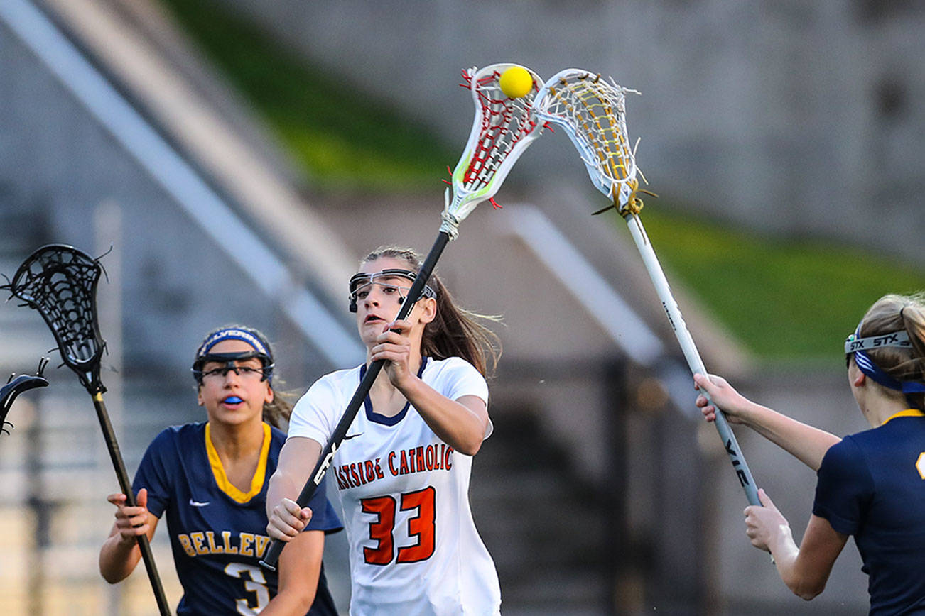 Photo courtesy of Rick Edelman/Rick Edelman Photography                                The Bellevue Wolverines girls lacrosse team earned a 16-11 victory against the Eastside Catholic Crusaders in the Washington Schoolgirls Lacrosse Association (WSLA) quarterfinals on May 10 in Sammamish. Eastside Catholic players Alexa Steffens and Maddie McMaster each scored three goals apiece in the loss. Steffens (pictured) carried possession of the ball down the field against the Wolverines. The Crusaders finished the 2018 season with an overall record of 10-4.