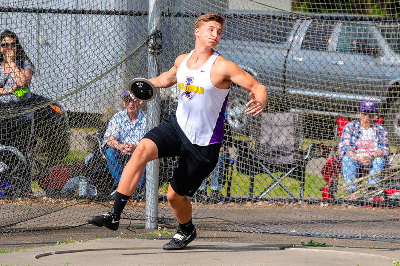 Photo courtesy of Don Borin/Stop Action Photography                                Issaquah Eagles senior thrower Joey Jensen captured first place in discus with a toss of a 177 feet, six inches at the Class 4A District II track championships on May 18 at the Southwest Athletic Complex in Seattle. Jensen’s toss was 42 feet further than the second place finisher (Logan Milks).
