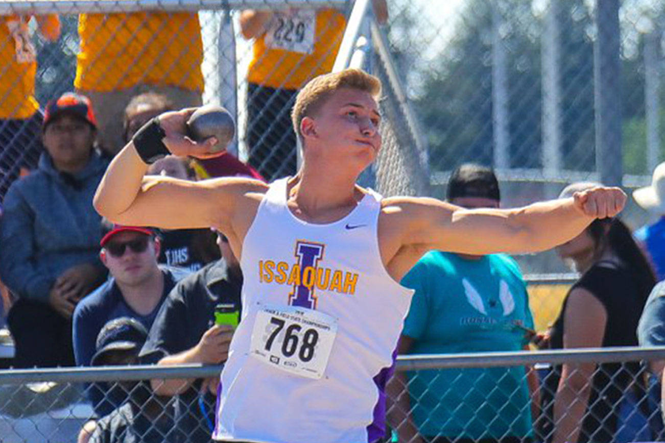 Photo courtesy of Don Borin/Stop Action Photography                                Issaquah Eagles senior Joey Jensen earned first place with a toss of 57 feet, 8.25 inches in the shot put at the Class 4A state track meet on May 24 at Mount Tahoma High School in Tacoma.