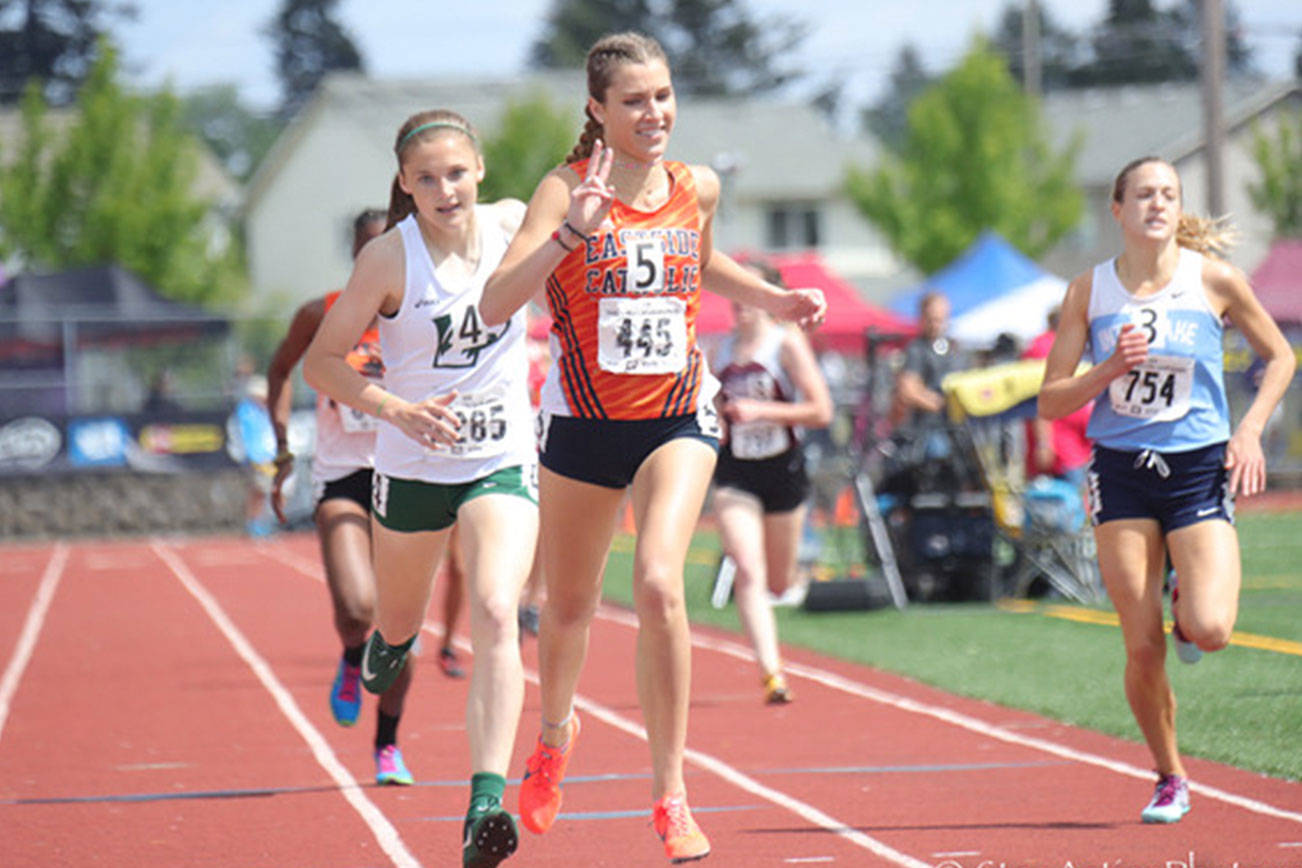 Photo courtesy of Don Borin/Stop Action Photography                                Eastside Catholic Crusaders sophomore Kate Jendrezak (pictured) finished in first place in the 800 with a time of 2:12.04 at the Class 3A state track meet on May 26 at Mount Tahoma High School in Tacoma. Peninsula freshman Linsey Lovrovich finished in second place with a time of 2:12.30.