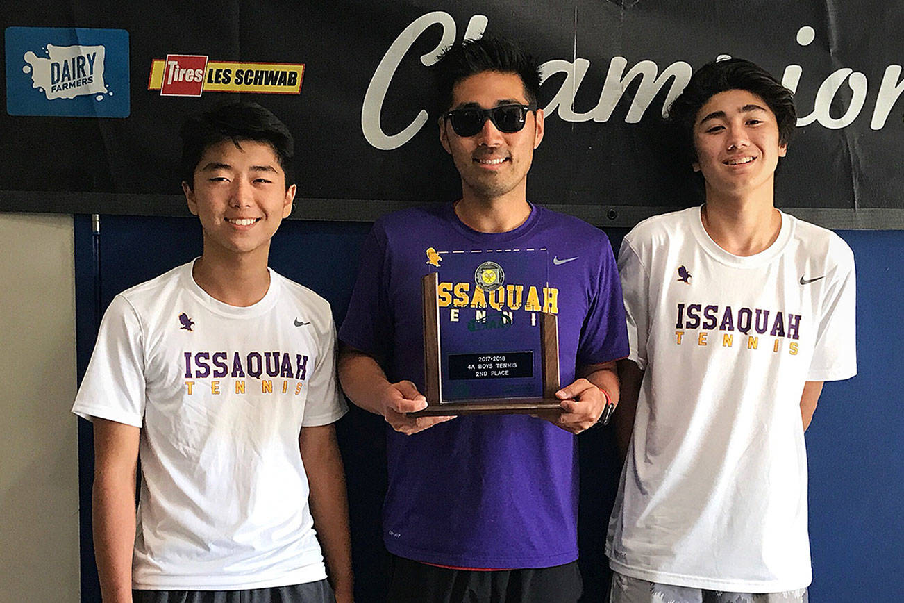 The Issaquah Eagles tennis doubles squad consisting of Charlie Suh and Lucas Pastor won the Class 4A state tournament on May 26 in Richland.                                Photo courtesy of Patrick Nam