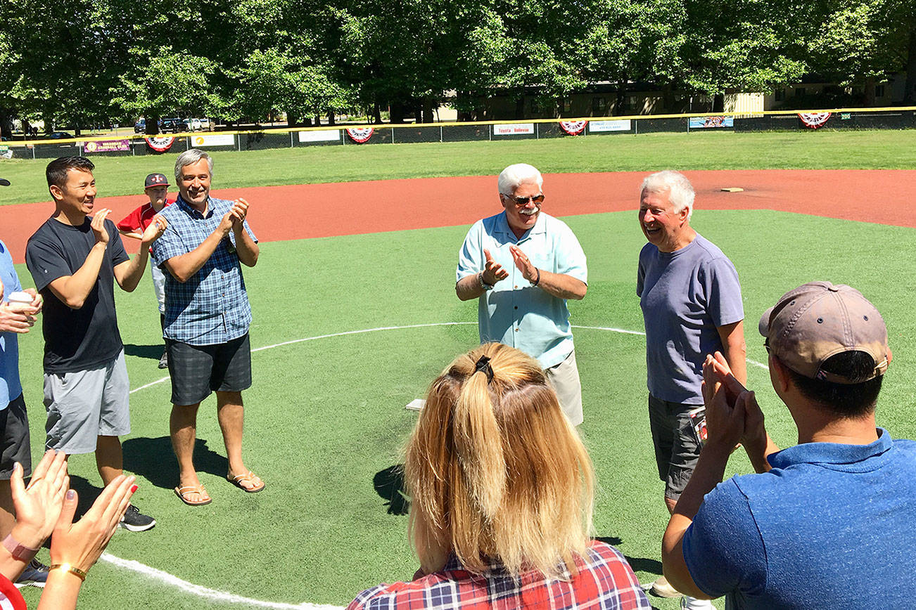 Longtime Issaquah Little League volunteer Terry Dodd, right, earned the Little League International Volunteer of the Year on June 13. Dodd will fly to Williamsport, Pennsylvania for the Little League World Series this August.                                Photo courtesy of Jay Clark