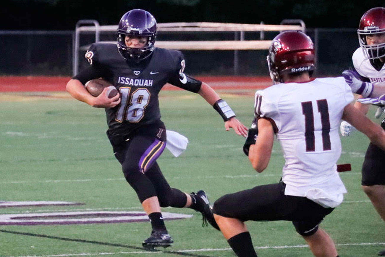 Issaquah Eagles senior quarterback Trevor Morine is a dual threat signal caller. Morine has a strong arm and an amazing ability to make defenders miss in the open field. Photo courtesy of Don Borin/Stop Action Photography