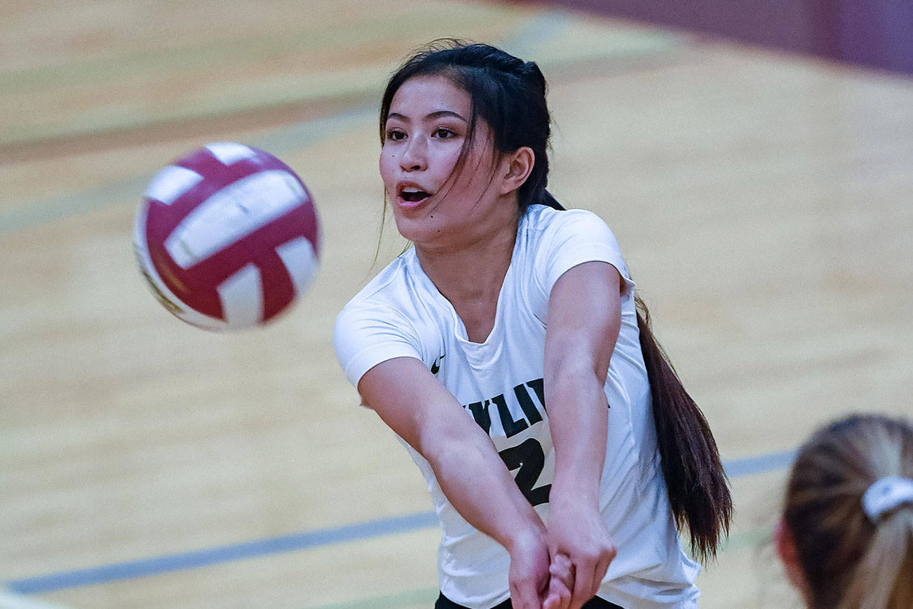 Skyline Spartans senior Katie Biscocho (pictured) had two of the Spartans final five points in the fourth set. Skyline defeated Mercer Island 3-1 in a non-league matchup on Sept. 12 on Mercer Island. Photo courtesy of Patrick Krohn/Patrick Krohn Photography