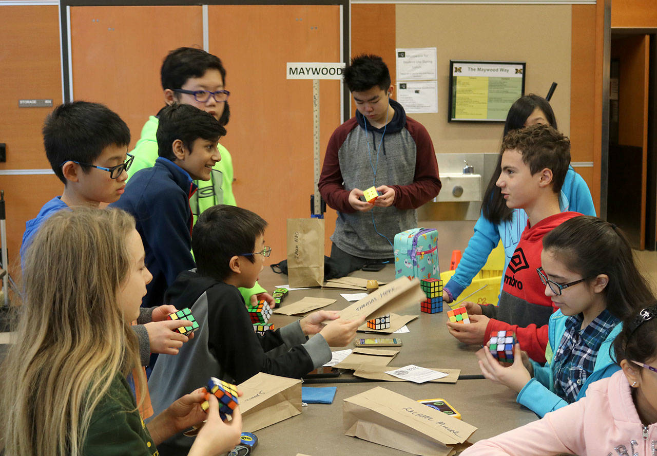 Maywood students prepare for the Rubik’s Cube competition on Saturday, Oct. 27. Evan Pappas/Staff Photo