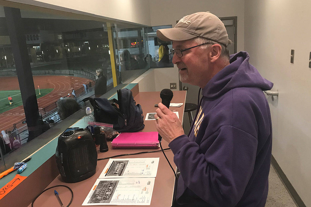 Bill Foote (pictured) announces substitutions during the Issaquah Eagles girls soccer team’s first round state playoff game against the Kentridge Chargers on Nov. 7 in the press box at Gary Moore Stadium in Issaquah. Shaun Scott/staff photo