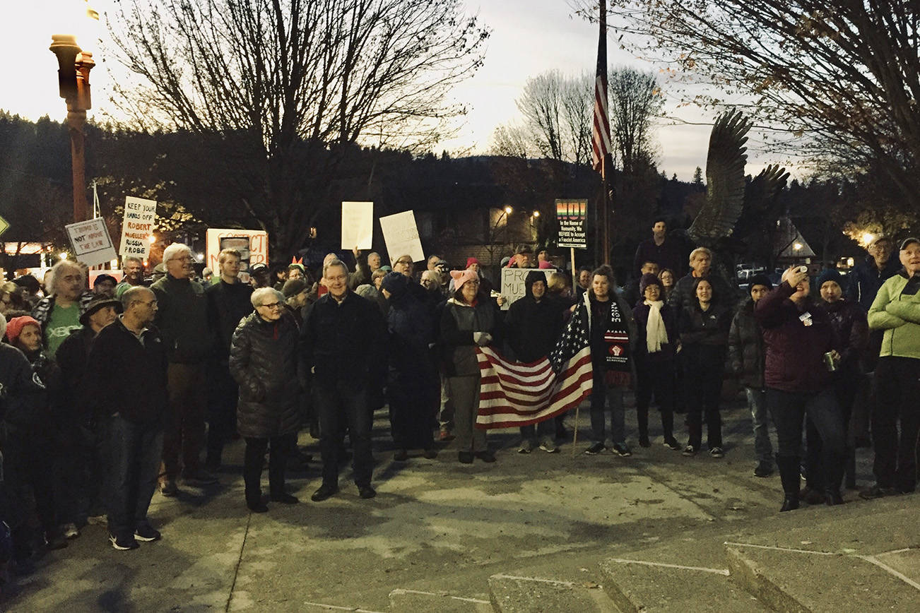At least 100 people showed up to a rally on Thursday, Nov. 8, at Issaquah City Hall to support US Special Counsel Robert Mueller. William Shaw/Staff photo