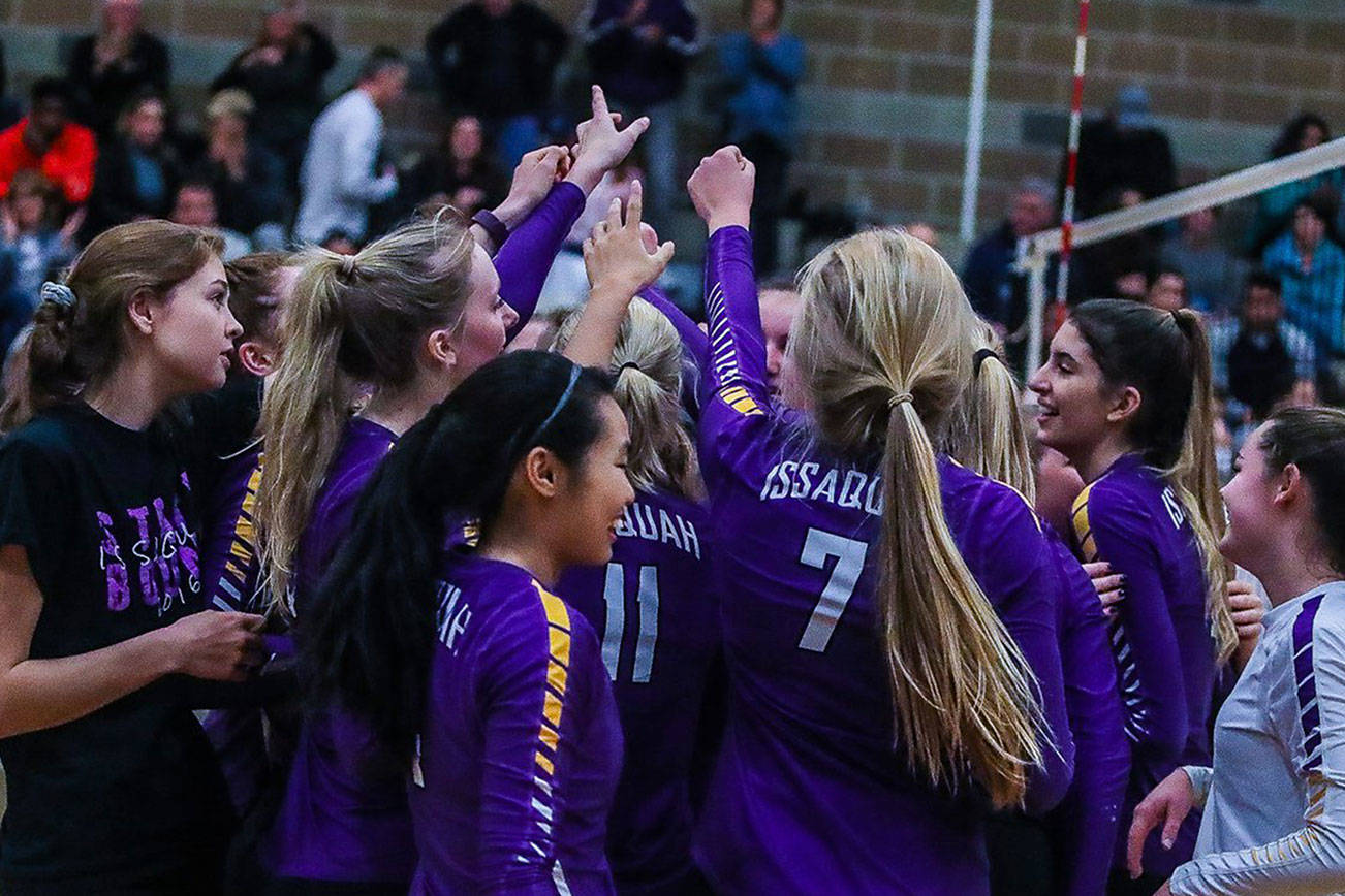 The Issaquah Eagles volleyball team (pictured) celebrates after clinching a berth in the Class 4A state tournament following a victory against Glacier Peak on Nov. 10. Issaquah lost to Camas and Kennedy Catholic at the Class 4A state tourney in Yakima on Nov. 16. Photo courtesy of Don Borin/Stop Action Photography
