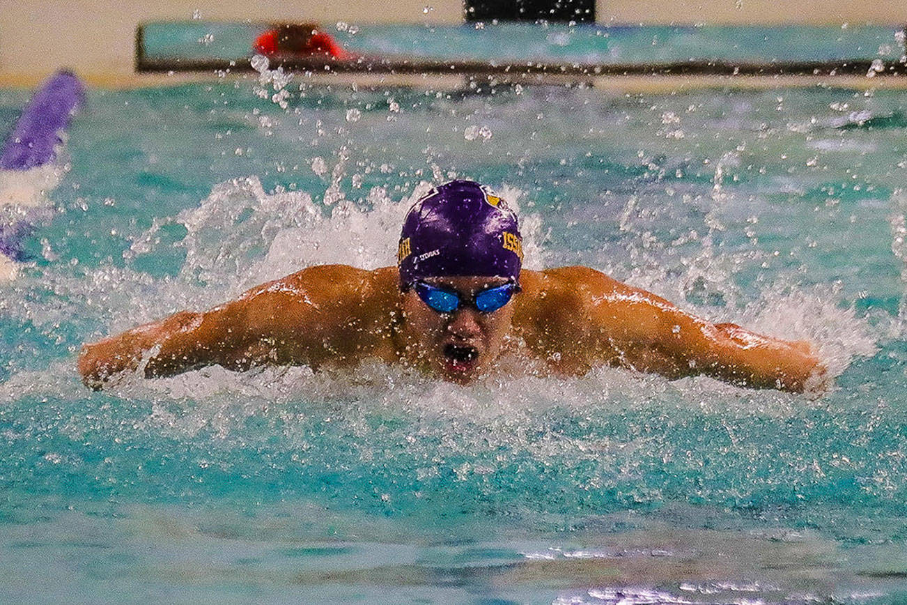Issaquah Eagles junior Chris Leu (pictured) competes in a race in the season opener against the Liberty Patriots on Nov. 29. Leu advanced to the Class 4A state swim meet during the 2017-18 season in the 200 free and 100 fly. Photo courtesy of Don Borin/Stop Action Photography