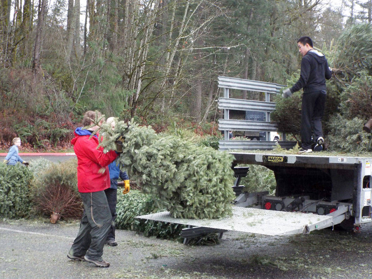 Scouts unload trees off of the back of a truck to be lined up for the recycling process. Courtesy photo