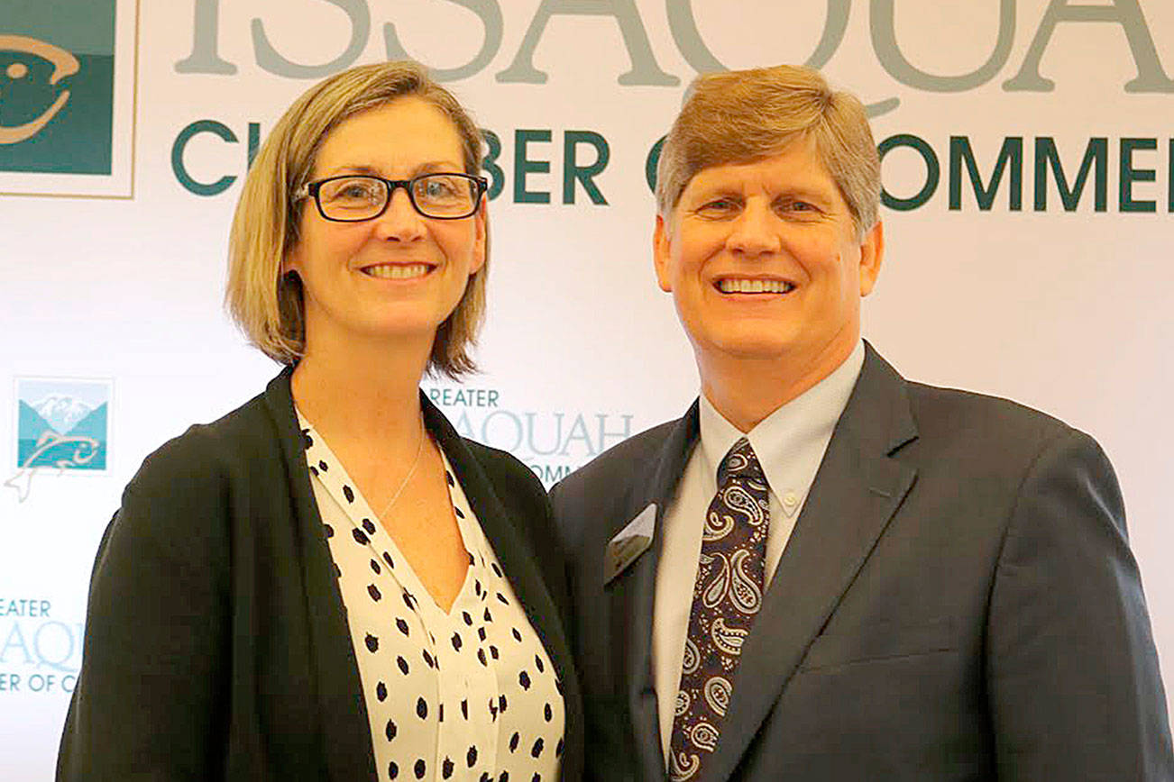 Issaquah Mayor Mary Lou Pauly and ISD superintendent Ron Thiele present the current status of the city and the school district at chamber luncheon. Evan Pappas/staff photo.