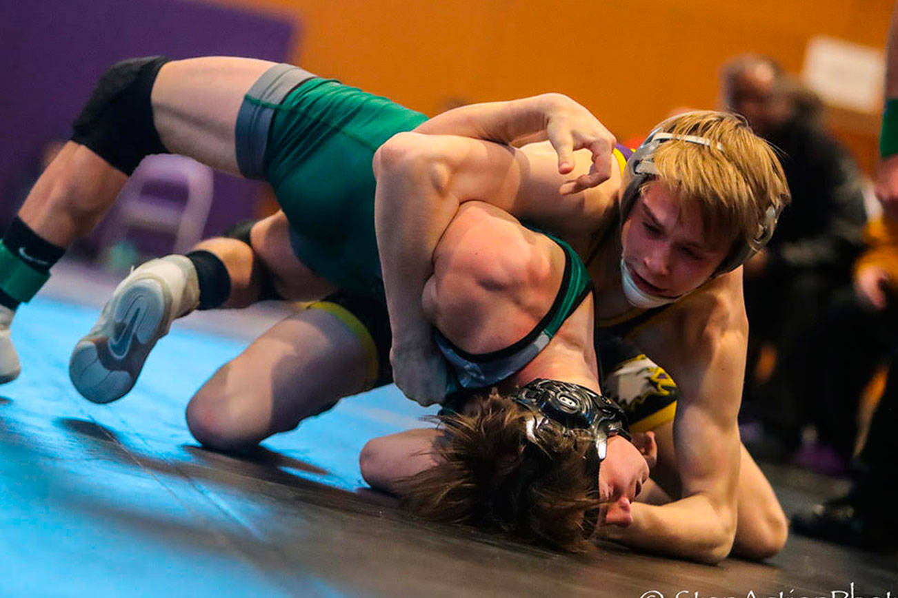 Issaquah Eagles wrestler Carson Tanner pinned Skyline’s Cole Turner in the 4A KingCo 126-pound championship match on Feb. 2 at North Creek High School. Photo courtesy of Don Borin/Stop Action Photography