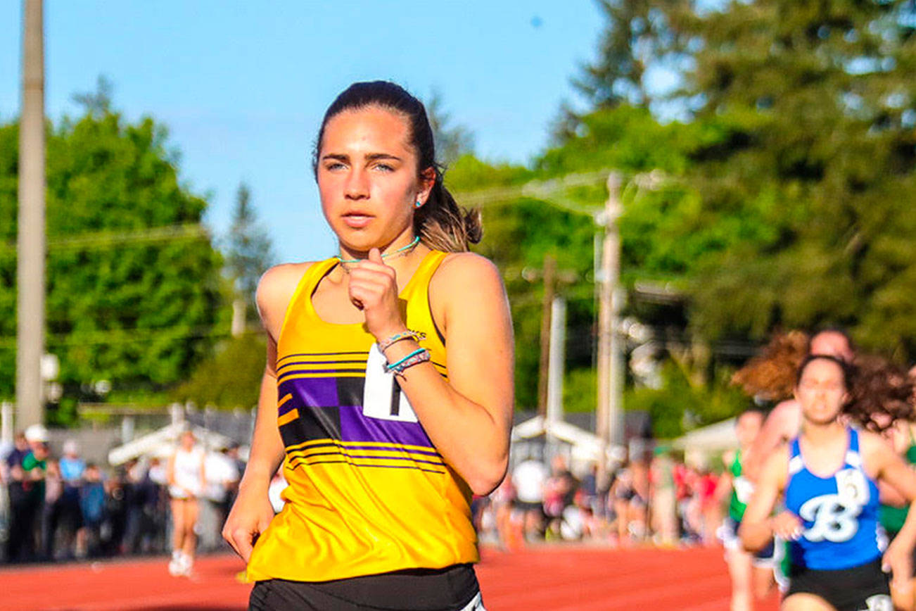 Issaquah Eagles sophomore Julia David-Smith captured first place at the 2019 KingCo Championships in the 4A girls 3,200 with a time of 10:59.05 on May 8 at Lake Washington High School in Kirkland. David-Smith also earned a first-place finish in the 1,600 with a time of 5:00.37. Photo courtesy of Don Borin/Stop Action Photography