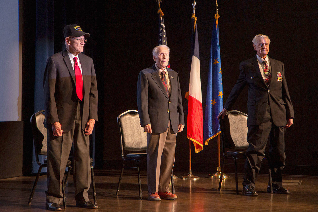From left: U.S. Veterans Daniel F. McAllaster, Richard A. Nelms, and Stanley Zemont. The veterans were awarded by the French Consulate in San Fransisco for their services in France during the World War II on May 10 at the Museum of Flight in Seattle. Courtesy photo of the Consular Agency of France in Seattle