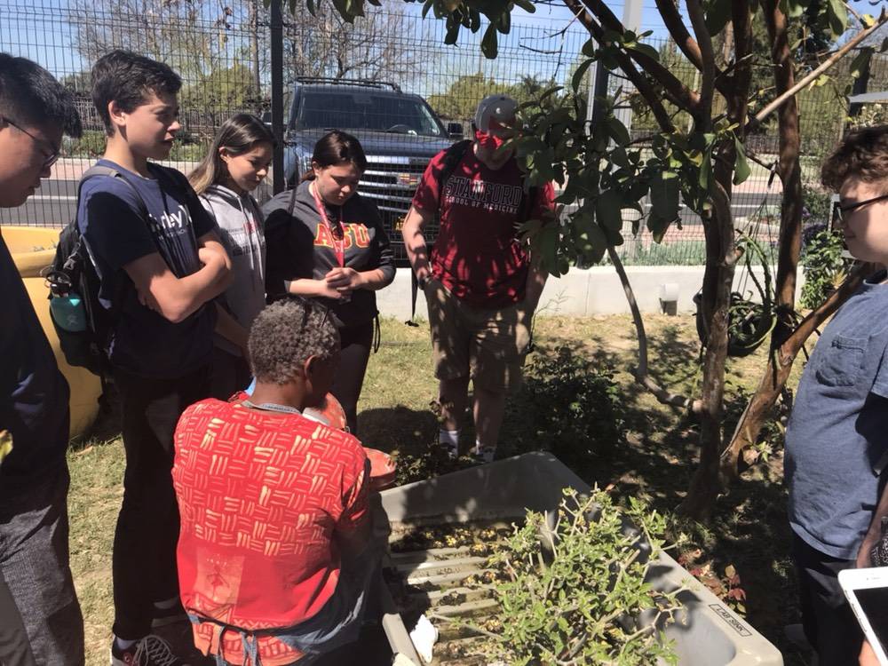 Photo courtesy of Nick Wold/Mercer Island High School                                Students from Mercer Island High School’s Margins program met with various nonprofit organizations in Los Angeles, including Watts Towers, where they speak with a representative about the organization’s sustainable garden.