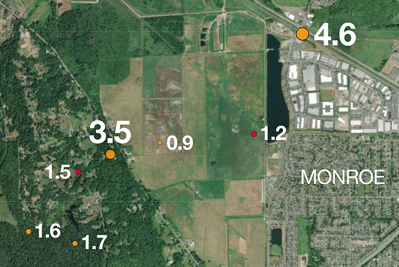 An aerial photo shows the locations of two earthquakes and five aftershocks in and near Monroe, which rattled the Puget Sound region early Friday. The first was the magnitude 4.6 quake at upper right, 13 miles under the intersection of U.S. 2 and Fryelands Boulevard SE at 2:51 a.m. The second, magnitude 3.5, occurred 18 miles under the Old Snohomish-Monroe Road at 2:53 a.m. The aftershocks followed during the ensuing two hours. This image depicts an area about 3 miles wide. (Herald staff and the Pacific Northwest Seismic Network)