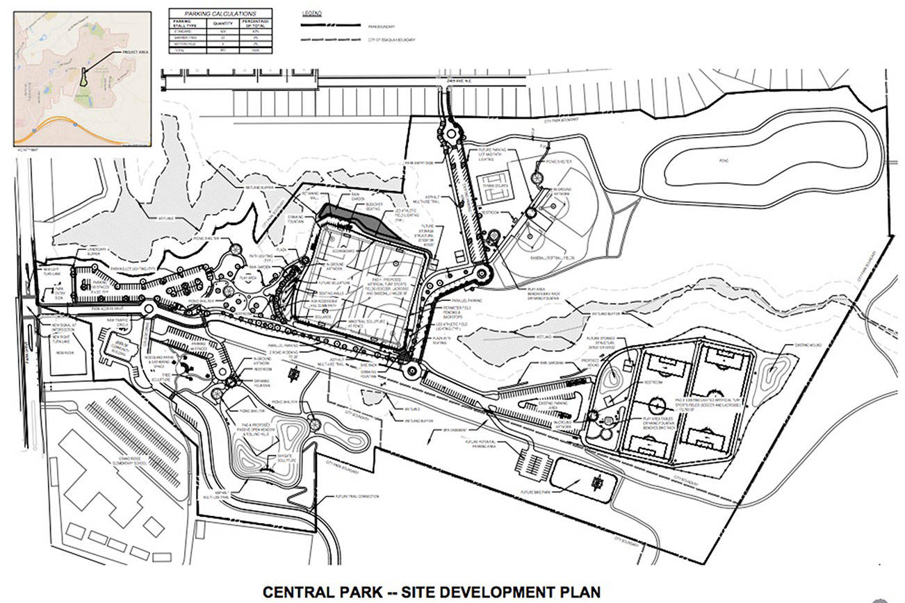 The intended bike park will be located near the soccer fields of Pad 3, under the BPA power lines and north of the Central Park-Falls Drive trail. Photo courtesy of the city of Issaquah