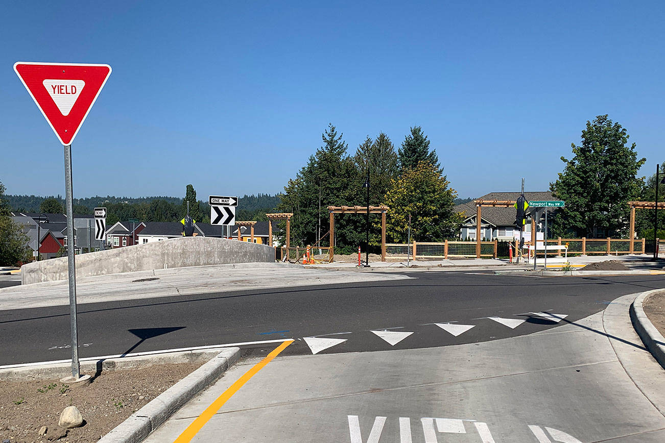 A new roundabout on Newport Way Northwest was implemented to increase safety for pedestrians and minimize traffic. Madeline Coats/staff photo