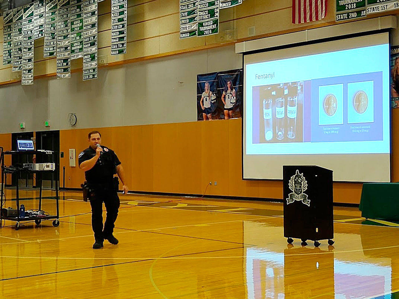 Skyline resource officer Nathan Greiert shares more about the dangers of opioids and fentanyl at the Drug Alcohol Use in Our Community event on Oct. 16. Madison Miller / staff photo