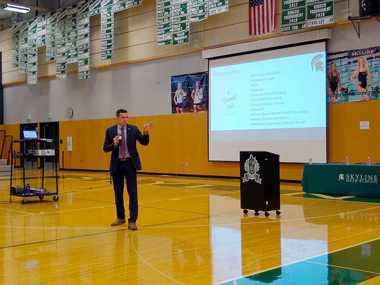 Skyline principal Keith Hennig talks about what the school is doing to better address substance abuse at the Drug Alcohol Use in Our Community event on Oct. 16. Madison Miller / staff photo