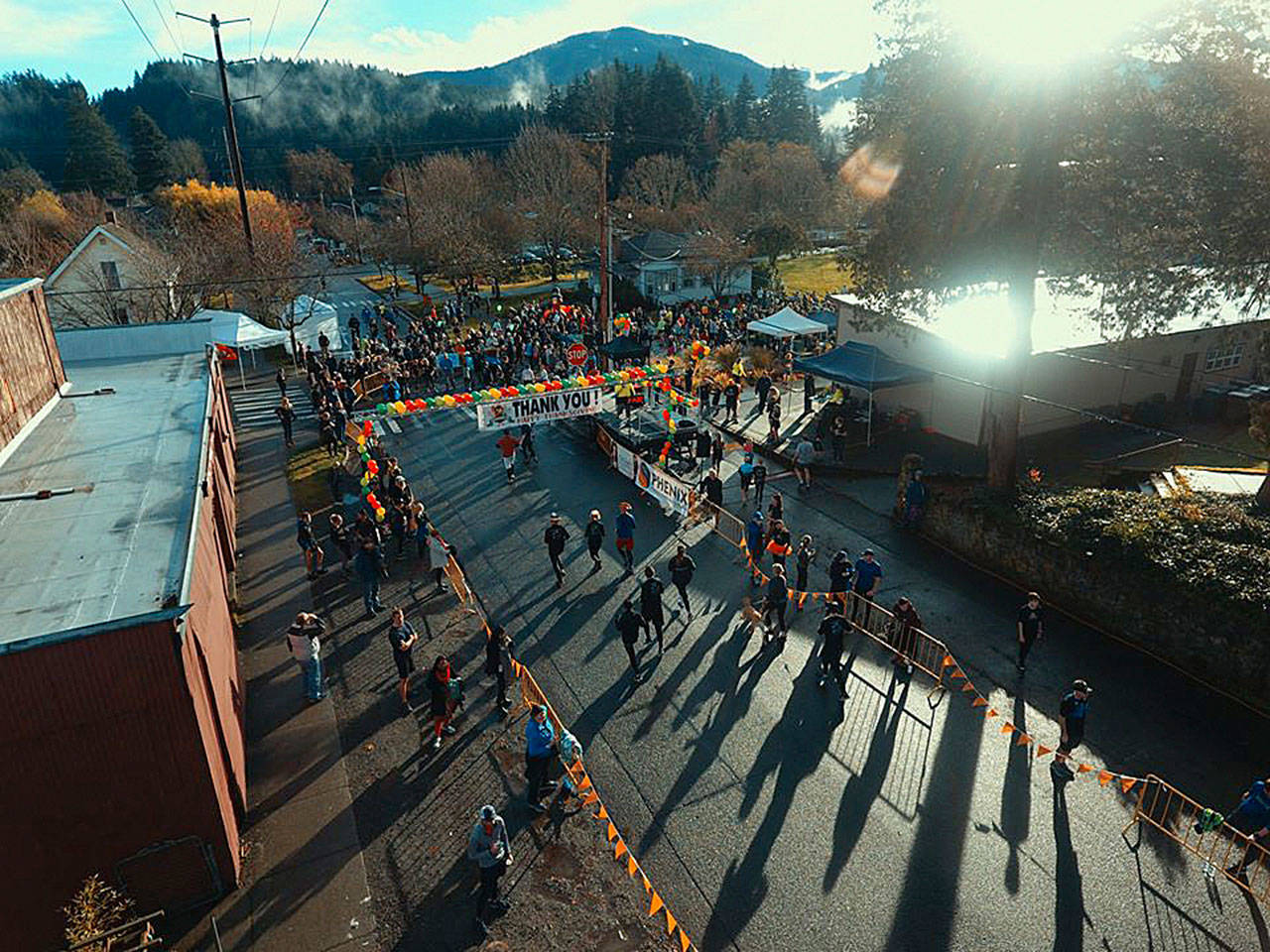 The start/finish line will be on Bush St., between the Issaquah Food and Clothing Banks and the Issaquah Center. The route goes through downtown Issaquah. Photo courtesy of Turkey Trot Facebook