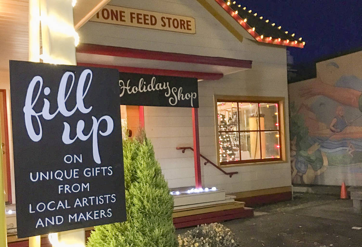 A sign for the Historic Shell Holiday shop in front of the Station’s exterior. The shop runs weekends Thanksgiving through Christmas in downtown Issaquah. Courtesy photos.