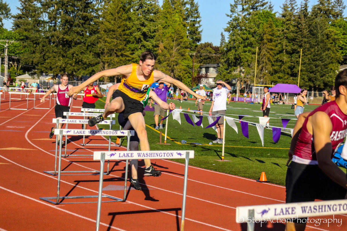 Issaquah Eagles sophomore hurdler Matt Wilkinson finished in first place in the 300 hurdles at the 4A KingCo track championships with a time of 39.85. Photo courtesy of Don Borin/Stop Action Photography