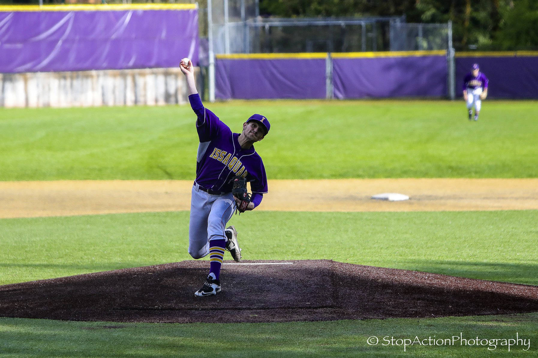 Issaquah Eagles senior ace pitcher Tyler Odegard allowed just one hit in seven innings of work against the Inglemoor Vikings on April 12. Issaquah defeated Inglemoor, 2-0. Photo courtesy of Don Borin/Stop Action Photography