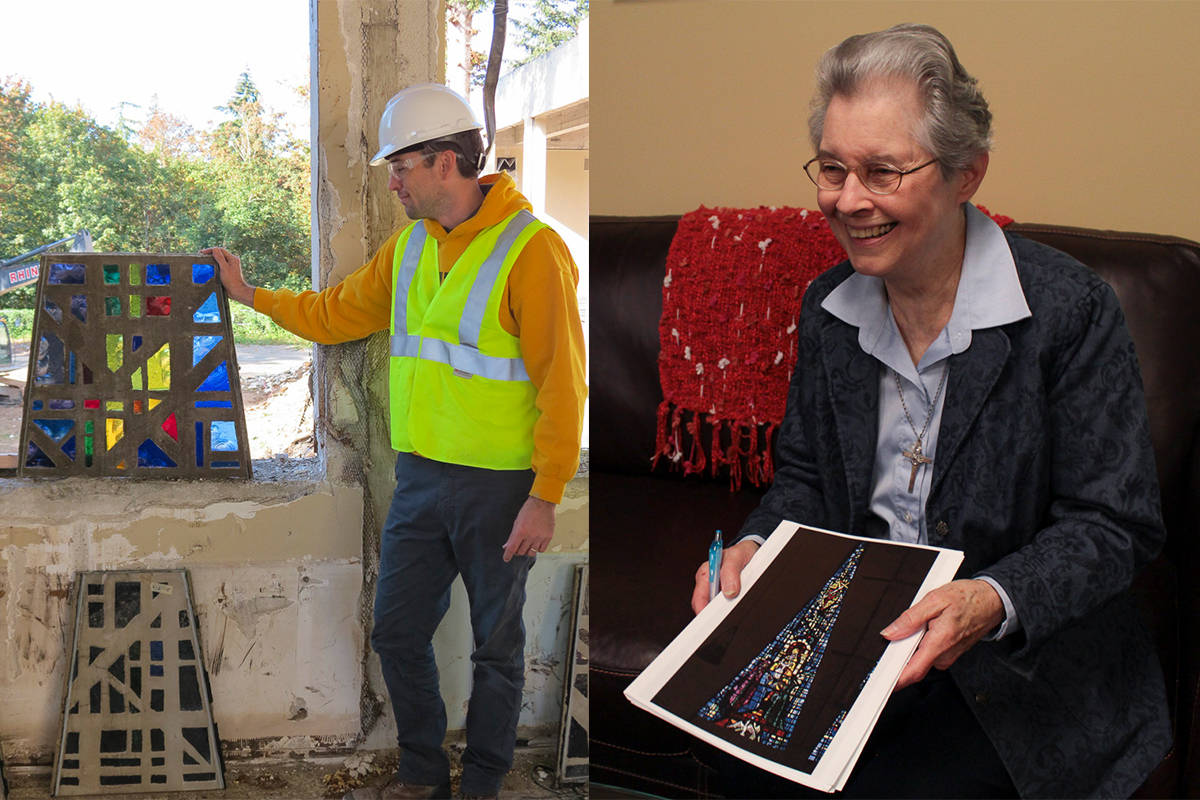 Left: Nicholas Frei of Emil Frei Associates, Inc. during the removal of the Providence Heights chapels glass windows in 2018 in Issaquah. Photo courtesy of Sisters of Providence, Mother Joseph Province. Right: Sister Judith Desmarais, Sisters of Providence Provincial Leader who was a student at Providence Heights College, holding a photo of the window depicting the Prophecy of Simeon, one of the Seven Sorrows of Mary. Photo by Natalie DeFord.