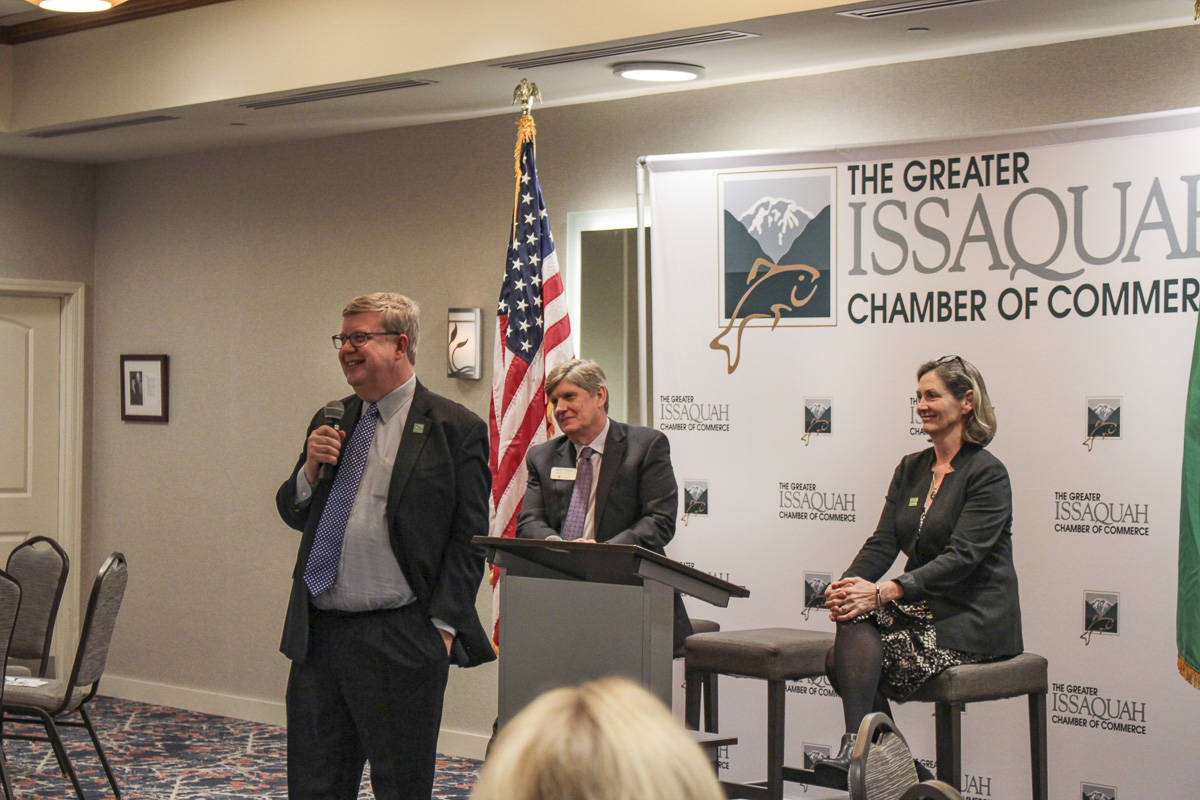 Natalie DeFord/staff photo                                From left, Issaquah city administrator Wally Bobkiewicz, Issaquah School District Superintendent Ron Thiele, and Mayor Mary Lou Pauly speak during a Jan. 9 Chamber of Commerce event at the Hilton Garden Inn.