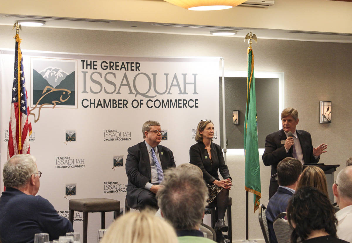 Natalie DeFord/staff photo                                From left, Issaquah city administrator Wally Bobkiewicz, Mayor Mary Lou Pauly, and Issaquah School District Superintendent Ron Thiele speak during a Chamber of Commerce luncheon annual update event on Jan. 9.