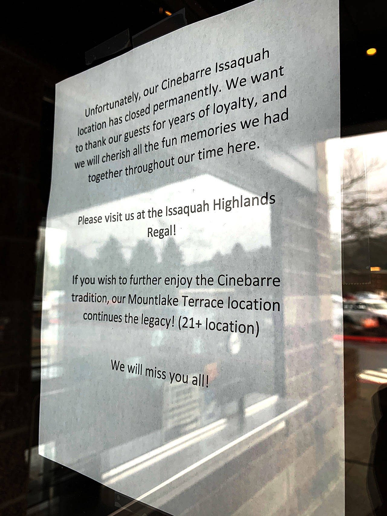 A message on the door of Regal Cinebarre Issaquah, now closed, thanks customers for years of fun. Natalie DeFord/staff photo