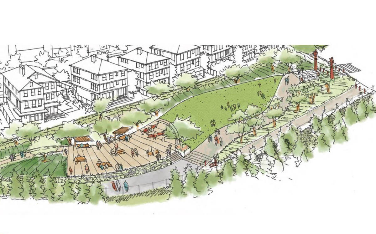 Courtesy of the city of Issaquah’s website                                A rendering of a section of a future park in Issaquah. High Street will be closed and converted into a multi-use trail and linear park.
