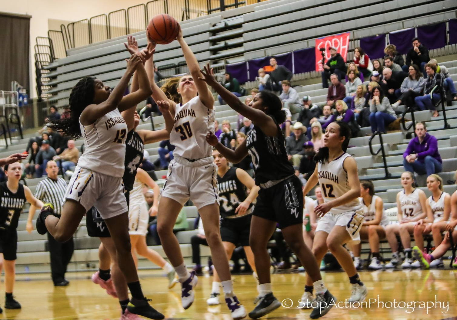 Issaquah freshman Hannah Cameron (#30) had six points and five rebounds during the Eagles’ district playoff victory over the Mount Vernon Bulldogs on Feb. 14 at Issaquah High School. Photo courtesy of Don Borin/Stop Action Photography