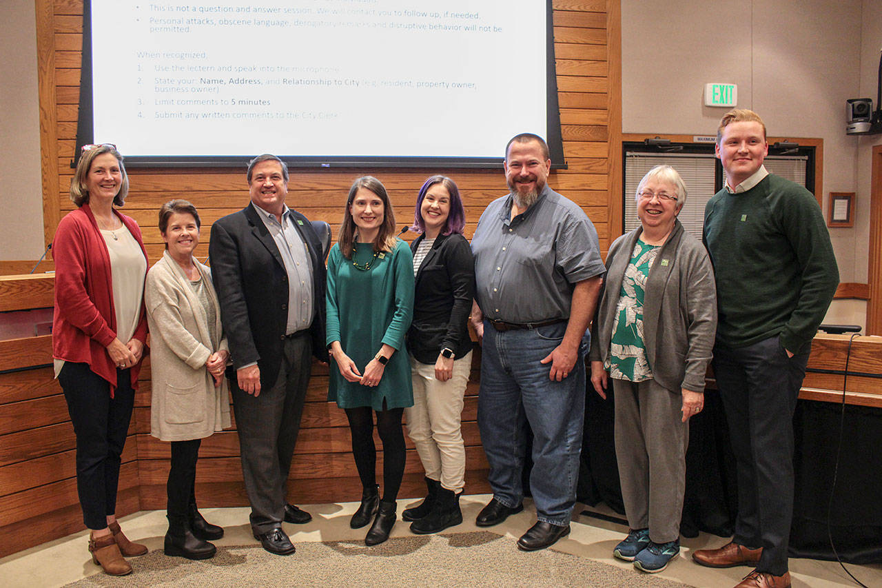 Issaquah City Council, from left: Mayor Mary Lou Pauly, Councilmember Stacy Goodman, Deputy Council President Chris Reh, Council President Victoria Hunt, Councilmember Lindsey Walsh, Councilmember Tola Marts, Councilmember Barbara de Michele, Councilmember Zach Hall. Natalie DeFord/Staff photo