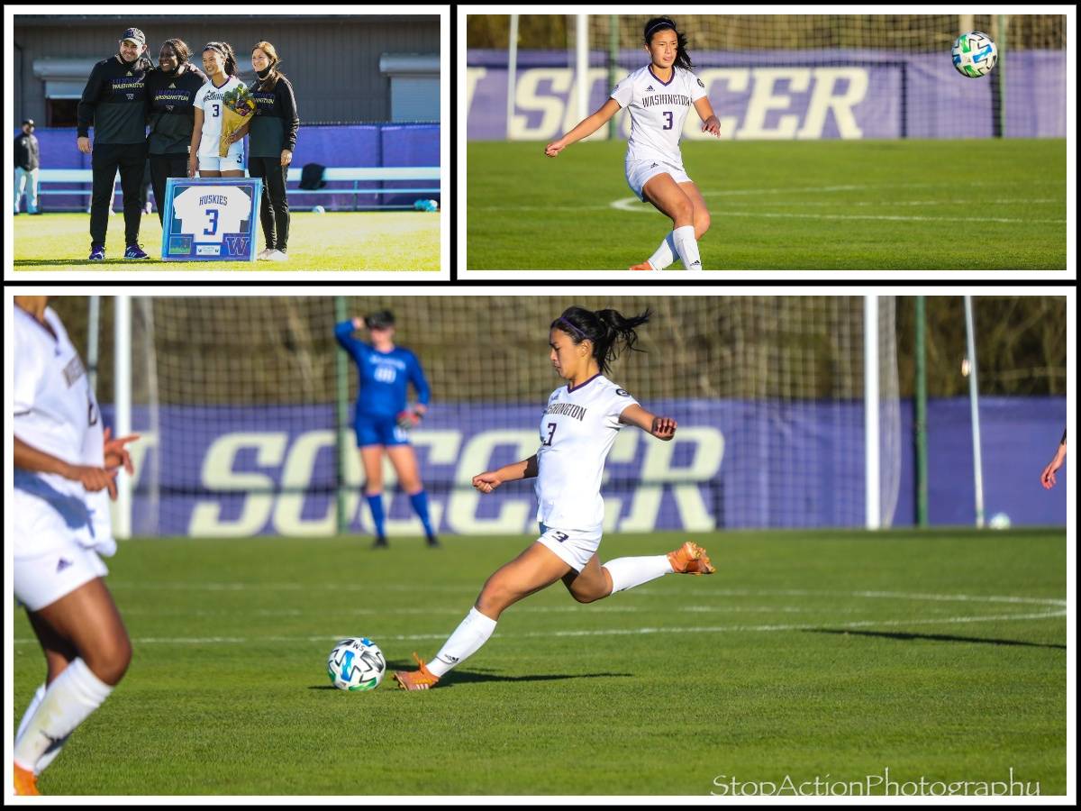 Issaquah High alumnus Kaylene Pang is honored on University of Washington’s Senior Day before competing against Oregon State University on April 11. UW won, 2-0, to raise its record to 9-3-2 at post time. The Huskies will conclude their regular-season schedule at Washington State University on Friday. Pang, a defender, has played every minute this season. Photos courtesy of Don Borin/ StopActionPhotography