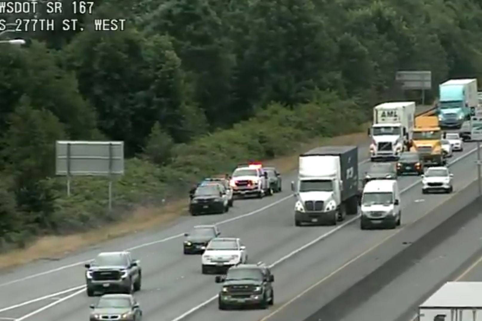 In a Twitter post by WSDOT about 10:30 a.m. Wed., July 7: A vehicle is seen on the shoulder after previously blocking the right lane on northbound SR 167 at South 277th St.