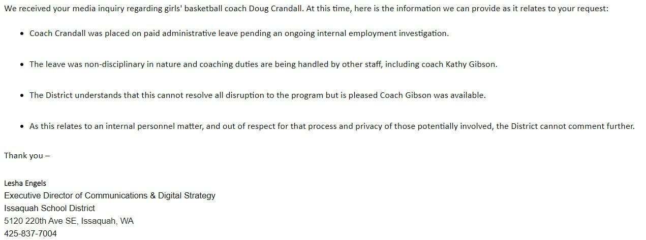 ISD's response to the Doug Crandall investigation.