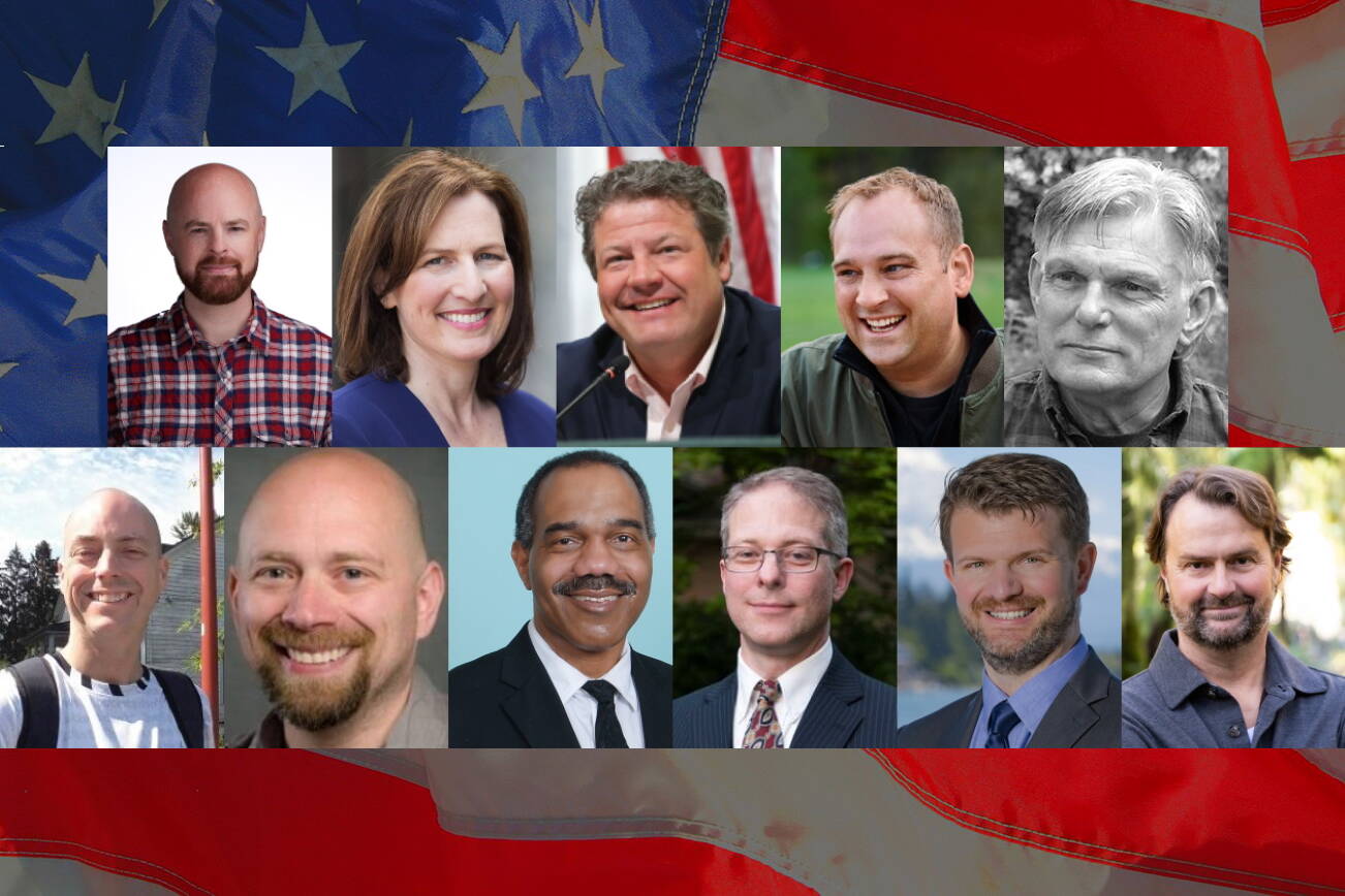 From left to right, starting from the top row then moving to the bottom: Emet Ward, Kim Schrier, Reagan Dunn, Matt Larkin, Dave Chapman, Ryan Dean Burkett, Justin Greywolf, Keith Arnold, Patrick Dillon, Jesse Jensen and Scott Stephenson are all candidates for U.S. Representative for Washington’s 8th Congressional District this year. Photos submitted by candidates or taken from their campaign websites or other materials.