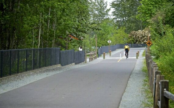 Another completed segment on the East Lake Sammamish Trail. The trail provides a 12-foot pavement path with a two-foot gravel shoulder on each side. (Photo courtesy of King County Parks)