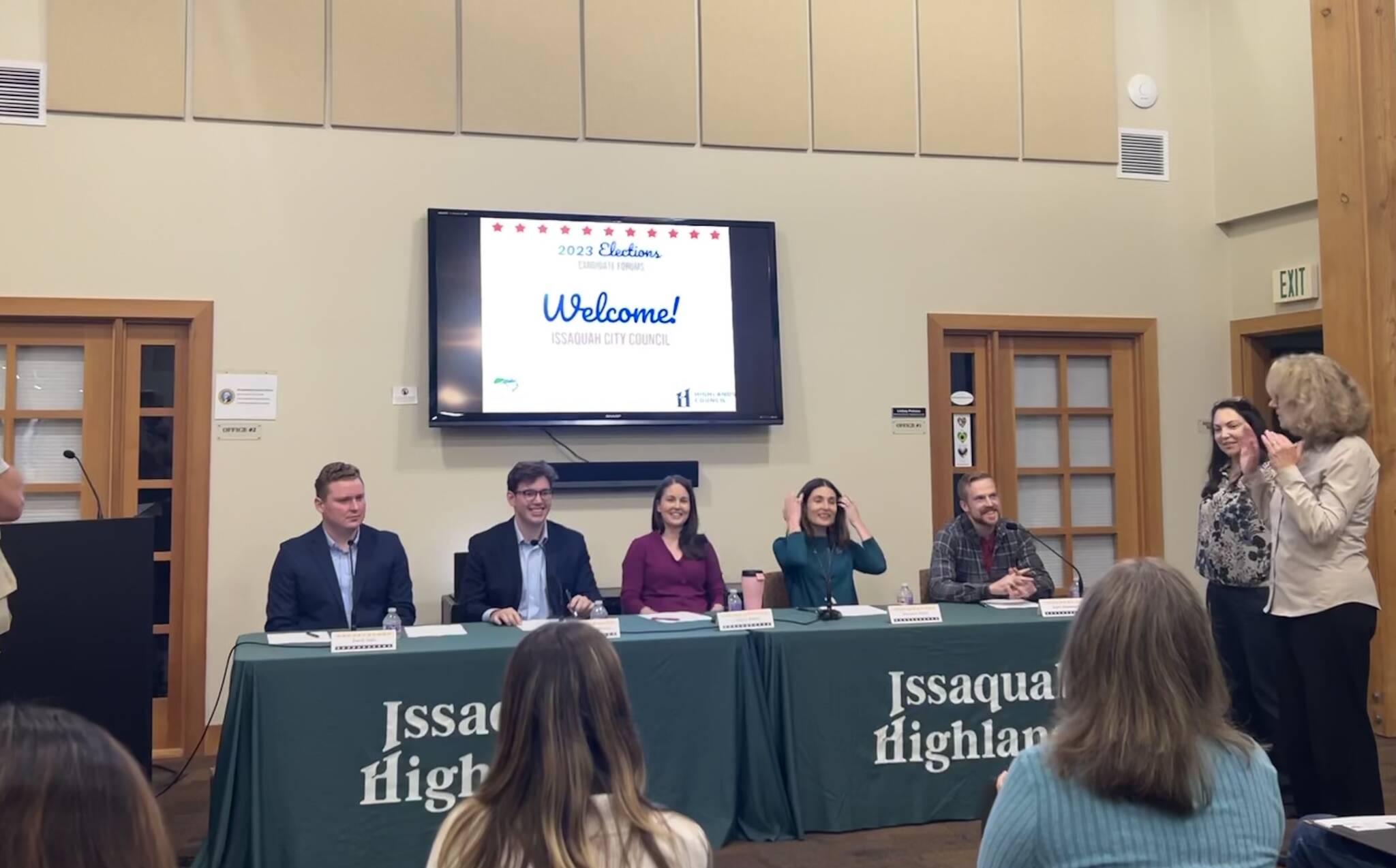 Issaquah City Council Candidates gather on Oct. 19 for the candidate forum at Blakely Hall. Candidates from left to right: Zach Hall, Landon Halverson, Lindsey Walsh, Victoria Hunt and Sam Sheehan. (Photo by Cameron Sires/ Sound Publishing)