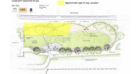 Potential off-leash dog park design. The yellow areas is where the portion of 2nd Ave. SE will be vacated. (Screenshot from agenda bill 8687)