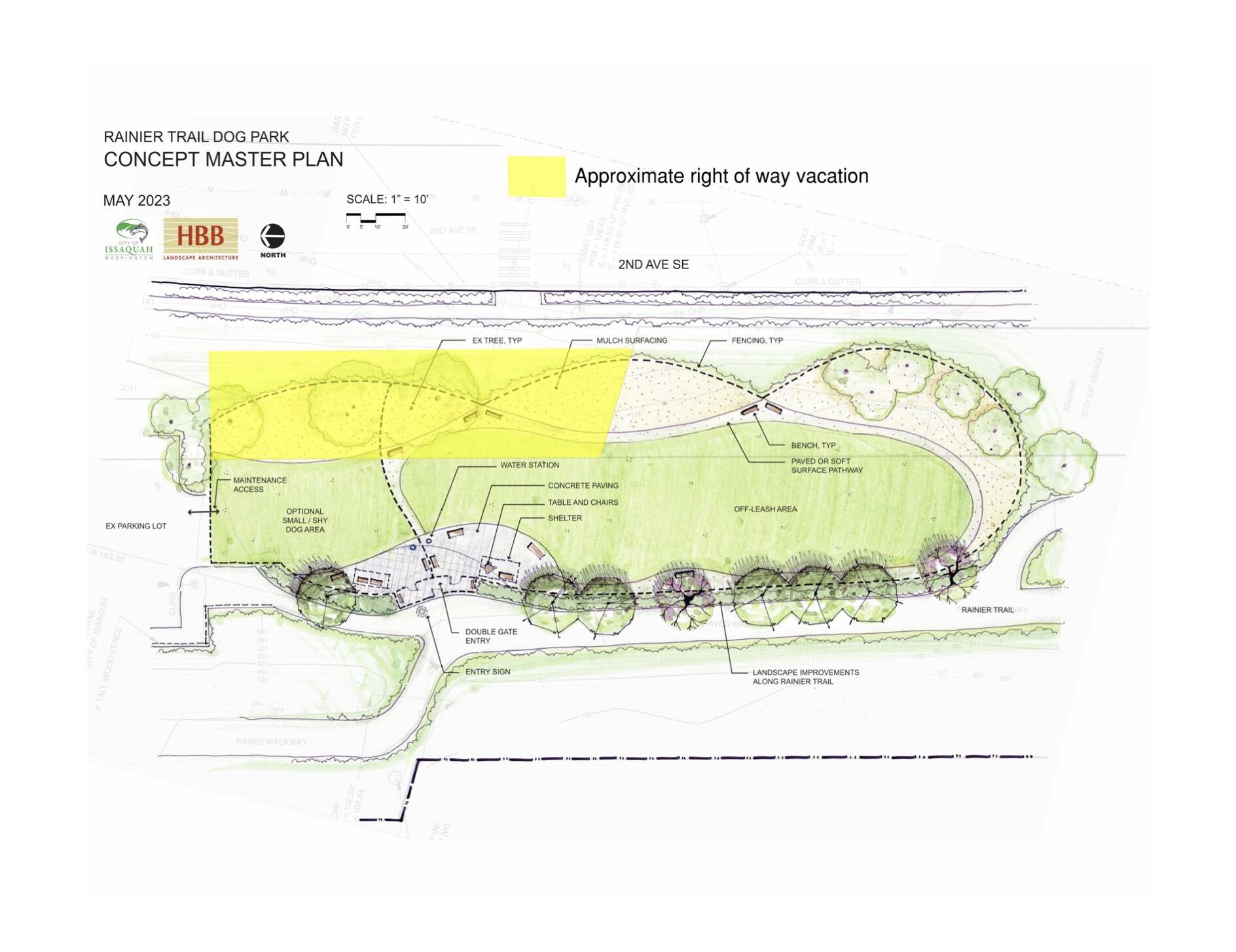 Potential off-leash dog park design. The yellow areas is where the portion of 2nd Ave. SE will be vacated. (Screenshot from agenda bill 8687)