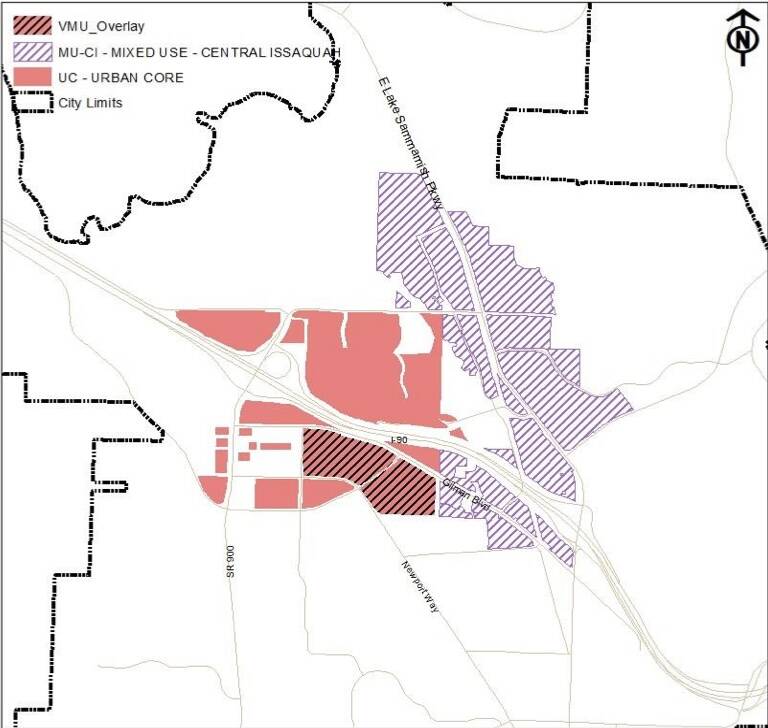 Eligible zones map for the Central Issaquah Pioneer Program projects. (City of Issaquah)