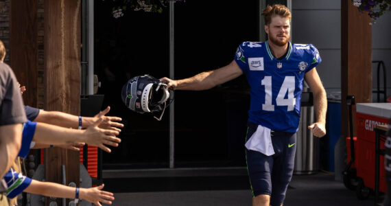 Sam Darnold exits to the practice field at the Virginia Mason Athletic Complex. Photo provided by Maria Dorsten.